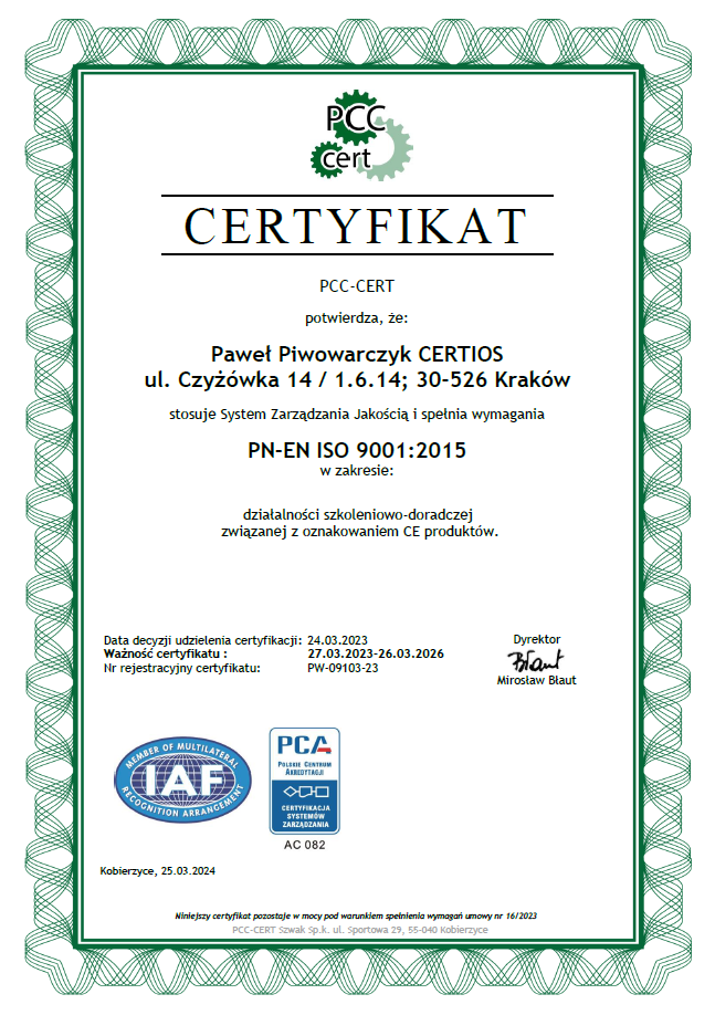 Certyfikat Systemu Zarządzania jakością ISO 9001 dla usług doradczo-szkoleniowych związanych z oznaczeniem CE produktów